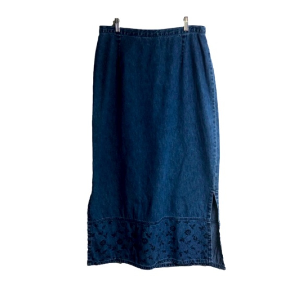 Jean Skirt Vintage Classic Blues Maxi 10 Blue Stamped Floral Side Slits Zipper